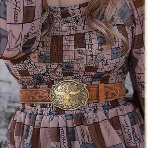 Western cowgirl/ cowboy longhorn buckle leather embossed belt womens or …